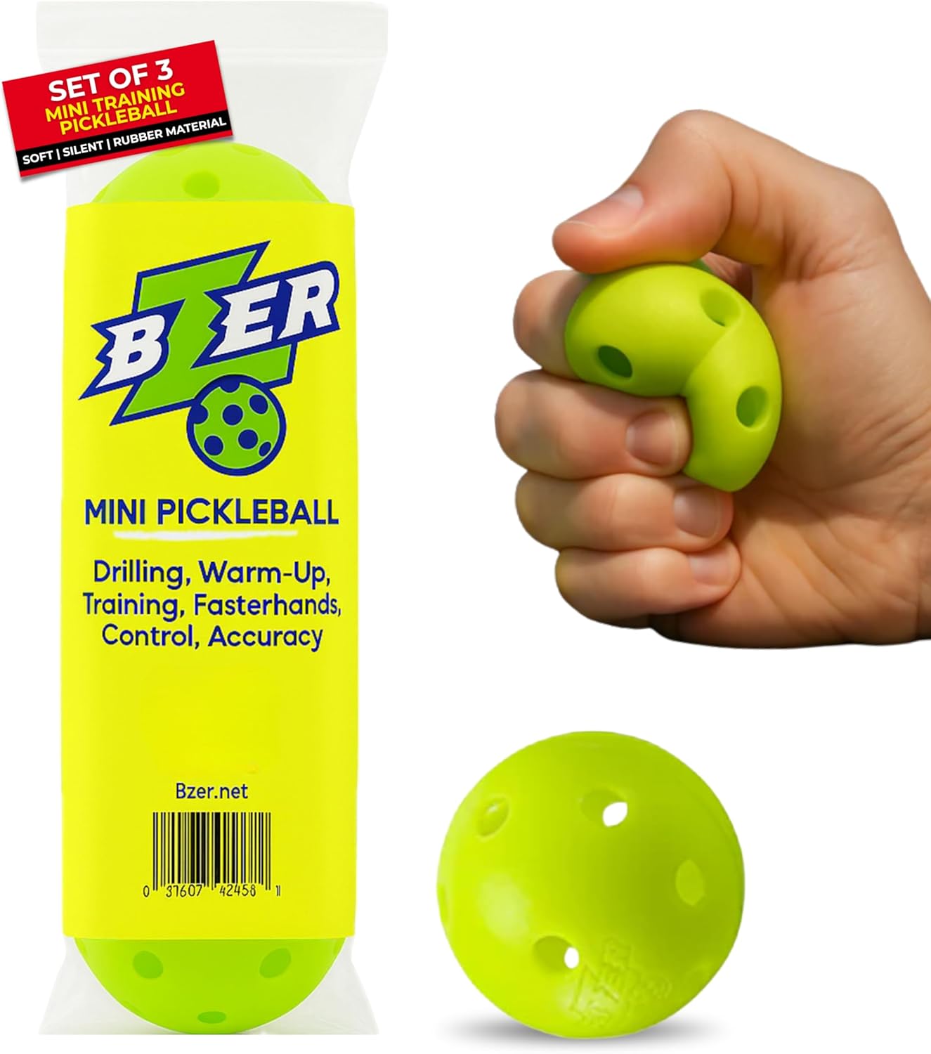 BZER Quiet Pickleball Balls – Mini Pickleballs Silent Rubber Training Ball - Set of 3 for Indoor Outdoor Play, Soft Tiny Practice Trainer, Improve Focus, Boost Control, Training Essentials