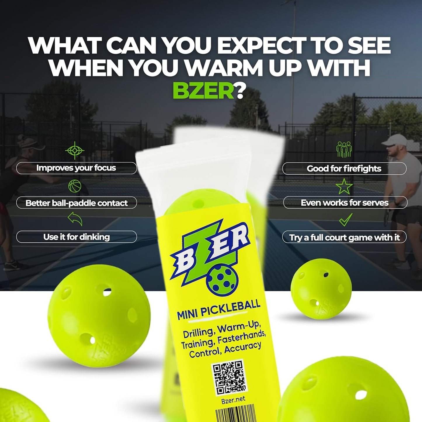 BZER Quiet Pickleball Balls – Mini Pickleballs Silent Rubber Training Ball - Set of 3 for Indoor Outdoor Play, Soft Tiny Practice Trainer, Improve Focus, Boost Control, Training Essentials